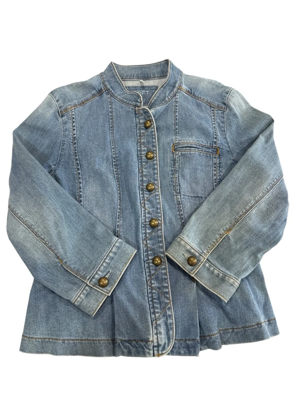 LOFT Denim Jacket Blue Mandarin Collar Peplum Button Front Jean size 12
